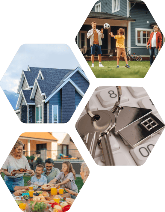 Image collage of a home, keys, a family, and people playing soccer.